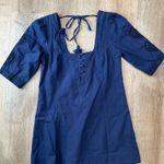 Free People  Boho Navy Puff Sleeve Mini Dress Tassel Tie Embroidery Size Small Photo 0
