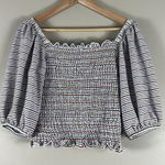 Loft  Striped White and Brown Smocked Drape 3/4 Sleeve Cottagecore Blouse Photo 4