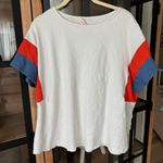 Anthropologie Hailey & Co oversized tee knit patchwork statement sleeves cobalt cap top Photo 6