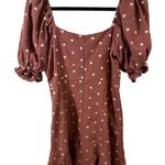 By Together  Brown and White Polka Dot Zip Back‎ Mini Dress with Puff Sleeves Photo 2
