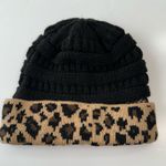 C.C. Beanie Hat Stretch Cable Knit Ribbed Super Soft Animal Print Messy Bun Black Photo 2