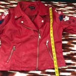 New Look Y2K Red PU leather moto biker bomber motorcycle jacket blue white floral embroidery silver zip-up front pockets #western #boho #fairygrunge #cottagecore #stagecoach hippie indie Size M Photo 6