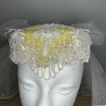 Vintage Wedding Veil Hat White Cream Faux Pearl Lace Double Veil Beaded Photo 4