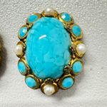 Vintage Faux Turquoise Gold Tone Clip On Earrings Womens Estate West Germany Photo 1