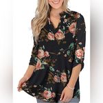 Plus Size 3/4 Sleeve Shirts for Women Floral Print V Neck Blouses Tunic Tops Black Photo 2