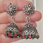 Silver tone green and red beaded Jhumkas Indian earrings Photo 0