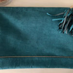 Neiman Marcus Oversized Perforated Faux Suede Tassel Emerald Green Zip Clutch Photo 0