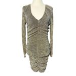 NEW STEVE MADDEN S Gold Green Metallic Ribbed Ruched Dress Long Sleeves V Photo 1