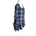 One World Plaid Tunic Top Ruffle Hem Medium Blue Bell Sleeves Keyhole Back Photo 5