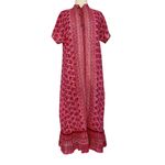 Vintage Metallic Sheer Chiffon Pink Floral Boho Button Up Maxi Kaftan Dress OS Size undefined Photo 1