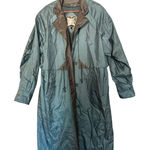 Vintage FLEET STREET Blue Button Up Gingham Accents Long Trench Rain Coat sz 12 Photo 0