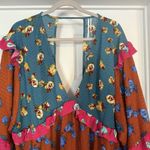 Anthropologie Mini Dress Size XL Ruffled Bell Sleeve Plunging V-Neck Floral Photo 4