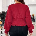 SheIn Clasi Red V-Neck Black Spotted Lantern Sleeve Blouse Photo 2