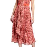 Toccin(NY) Pink&Orange Hibiscus Geotile Tie Neck Pleated Midi Dress Sz.4 Orange Photo 1
