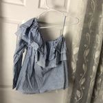ZARA White Blue Striped Asymmetrical One Shoulder Ruffle Top blouse sz S cotton Photo 1