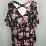 BCX Cold-Shoulder Black And White Plaid Floral Short Sleeve Top Size Small Photo 5