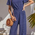 Blue Polkadot Vneck Jumpsuit Size L Photo 4