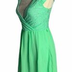 Enlin Deep V Lace Chiffon Mini Dress S Green Cap Sleeve Lined Zip NEW Photo 3