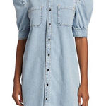 frame denim FRAME Rosette Denim Shirt Dress Puff Sleeve in Cresthaven Light Wash Size S Photo 0