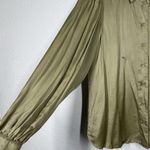 Hale Bob  Satin Button Front Top Small Silk Blend Olive Puff Sleeves Photo 4