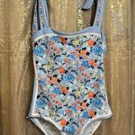 One Piece Vintage Light Blue Floral Print Reversible Tie-Shoulder  Swimsuit Large Photo 0