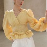 SheIn Yellow Gingham Puff Sleeve Blouse Photo 2