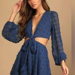 Lulus NEW  Navy Blue Swiss Dot Cutout Mini Dress Long Sleeve V-Neck Womens L Photo 3