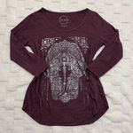 Lucky Brand Burgundy Graphic Boho Hasma Elephant Tee 3/4 Sleeve - Women’s Small Photo 0