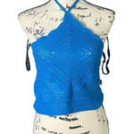 Mango Blue Crochet Halter Crop Top Size S Boho Knit Festival Tank Photo 0