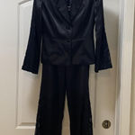 Cache  Pant Suit Set Womens 2 4 Black Satin Lace Floral Beaded Two Piece Formal Photo 0