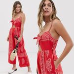 Free People Linen Bohemian Wide Leg Cut Out Jumpsuit in Red Bandana Size 2 Photo 3
