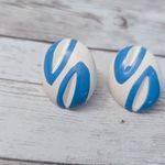 Vintage Stud Earrings For Pierced Ears Cream & Blue Retro Oval Photo 4