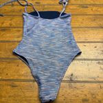 Aerie  One Piece Cheeky Swimsuit Blue Textured Knit String Tie XS Photo 4