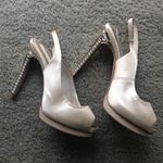 BCBG MAXAZRIA SATIN CREAM JEWELED PEEP TOE HEELS Photo 0