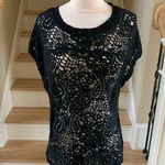 Black Solid Top Semisheer Open Weave Womens Medium Pullover Short Sleeve Photo 3