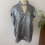 Worthington 2X Shimmering Silver Blouse Keyhole Neck Short Sleeve Satin Photo 4