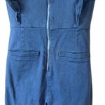 En Saison Denim Stretch Ruffled High Rise Wide Leg Crop Jumpsuit Blue Photo 8