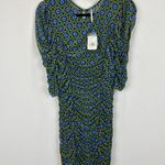 Free People Brielle Midi Dress Mesh Ruched Side Slit Blue Green Printed M NWT Photo 3