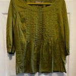 Olive Green Button Front 3/4 Sleeve Pintuck Blouse Top Babydoll Size Large Photo 0