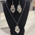 Gorgeous Sacred Heart Pendant and Earring Set Silver Photo 1