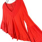 Free People Parisian Nights Top XS Red Orange Ribbed Eyelet Bell Sleeve Bohemian Photo 2