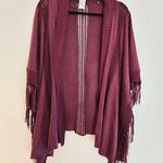 Chico's Womens Cardigan Faux Suede Crochet OS Fringe Burgundy Open Front Photo 0