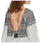 Free People  Women's Boho Mini Lola Striped Dress White Black Tiered Embroidered Photo 2