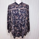 Lucky Brand Top Blue Pink Floral Pin-tucked Front Boho 3/4 sleeve shirt size M Photo 1