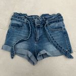 Women size small High waisted blue jeans short rushed waistband belt stretch Photo 2