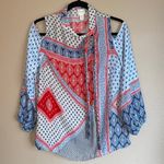 Chico's CHICO’S Size 0 Cold Shoulder Tie Neck Blouse Red Blue Cream Patchwork Bandana Photo 0