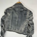 Y2K Cropped Moto Jacket Ruched Sleeves Distressed Sz Small Grunge Black Photo 10
