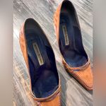 Manolo Blahnik Pumps Beige Camel Brown Leather Purple Stitching Shoes 37 Photo 4