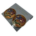 Vintage Cloisonné Clip On Earrings Orchid Floral Round Gold Tone 1” Taiwan Photo 1