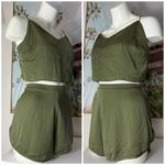 ASOS Olive Khaki Satin Crop Top & Shorts PJ Lounge 2-Piece Set Size Large Photo 3